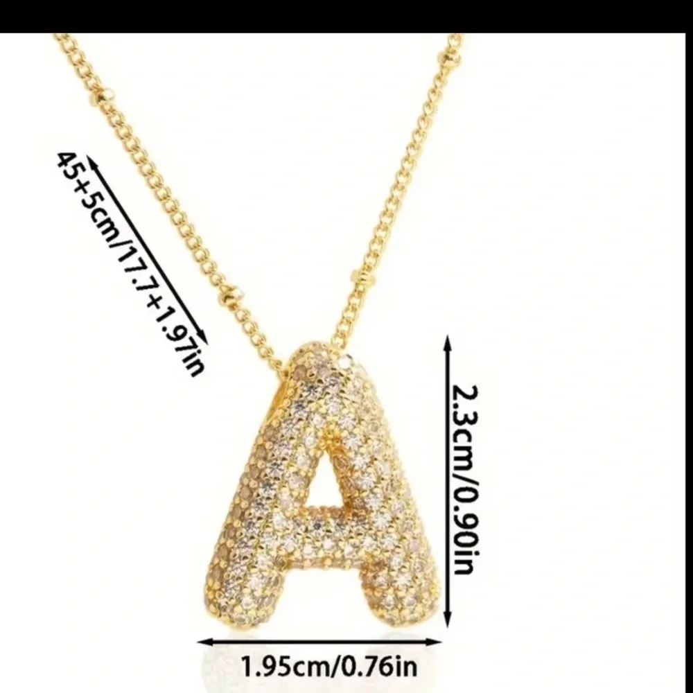 Gold Bubble Initial “E” Pendant Necklace CZ Pave Letter, 18” Chain, NWT